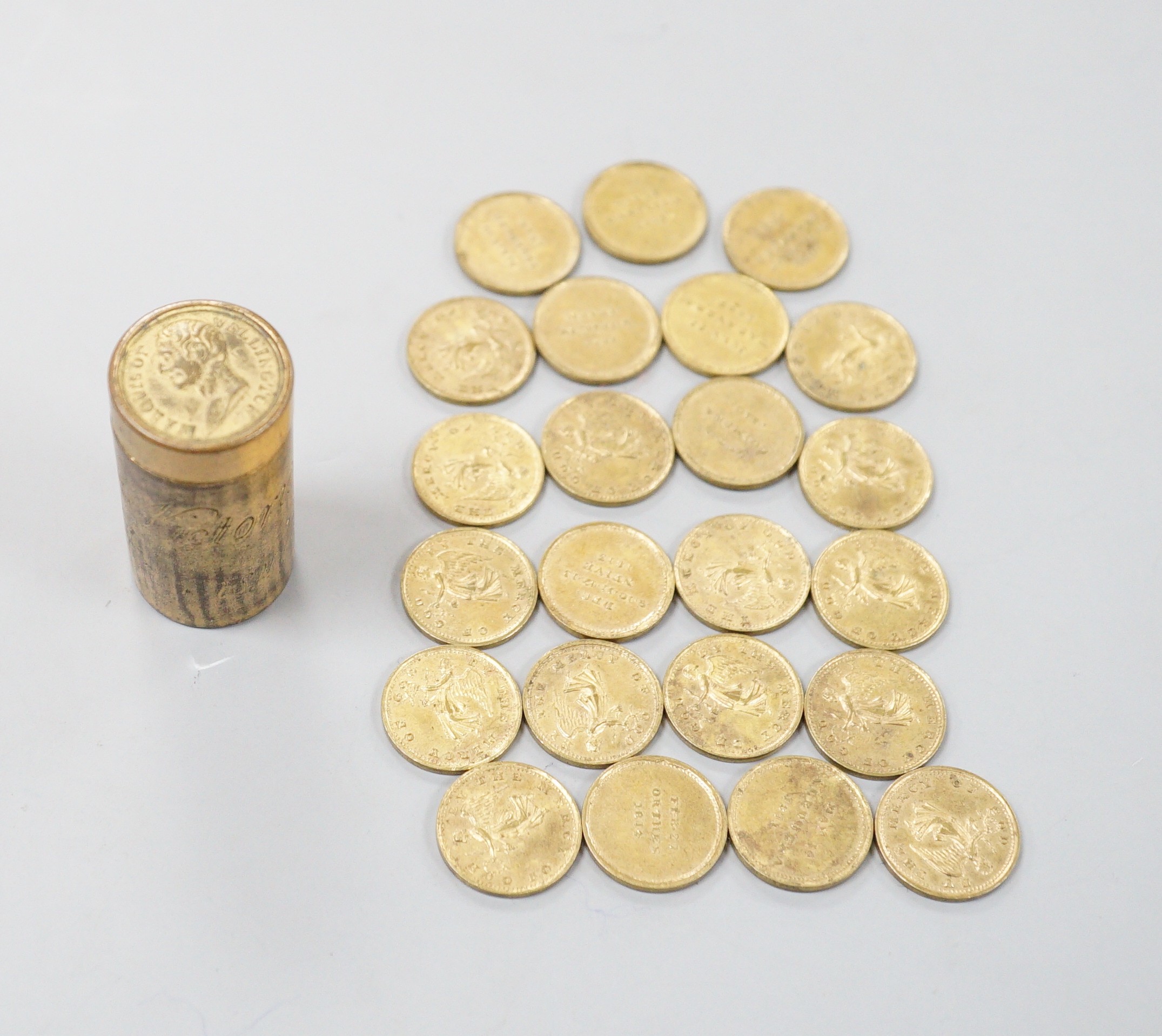 ‘Marquis of Wellington’ British Victories in the Peninsular Campaign cylindrical brass box by Thomason & Jones, containing 23 gilt medallions depicting Winged Victory and the date of a Peninsular battle